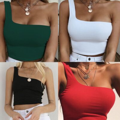 Women Lady Female One Shoulder Crop Tops Sleeveless T-Shirt Tank Tops Summer Beach Vest Bare Midriff Summer Fashion Clothes
